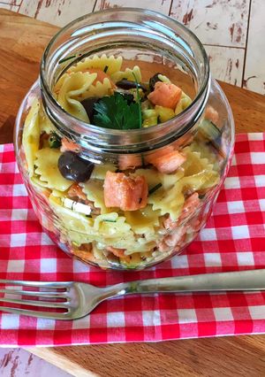 A picture of Cold Pasta with Smoked Salmon and Zucchini.