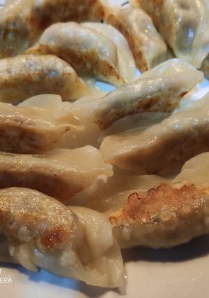 A picture of Pan fried Chinese dumpling 锅贴.