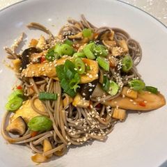A picture of King Oyster Mushrooms with Ginger & Soba Noodles.