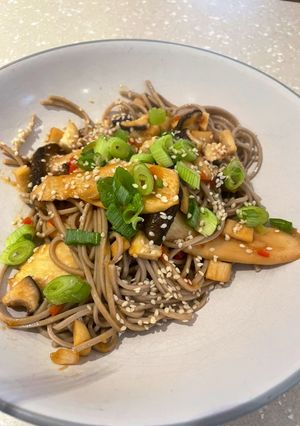 A picture of King Oyster Mushrooms with Ginger & Soba Noodles.