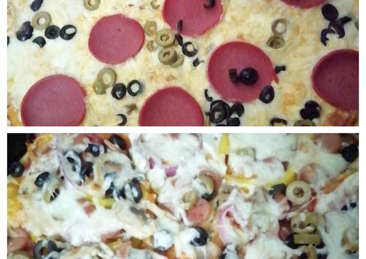 بيتزا بيبروني وبيتزا نقانق وخضار بعجينة العشر دقائق