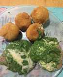 Peceto con salsa de espinaca y bombas de papa (mi marido feliz)