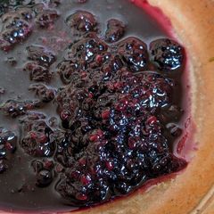 (Last of the) blackberries + red wine syrup A picture of (Last of the) blackberries + red wine syrup.