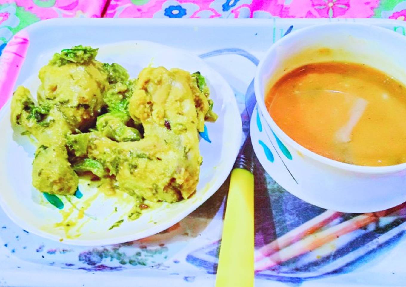 Homemade Tomato soup & Grilled chicken with saute green capsicum