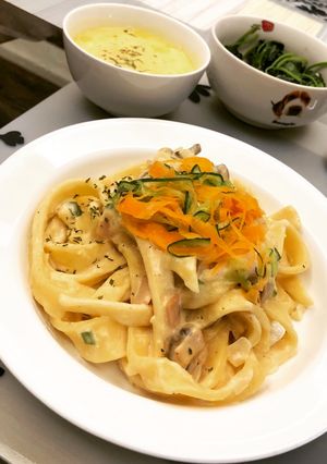Foto resep Pasta Alfredo (smokechiken ham dan mushroom)