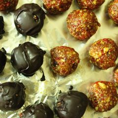 A picture of Fruit and nut chocolate spheres!!.