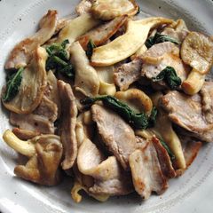 A picture of Sautéed Pork & Oyster Mushrooms with Sage.