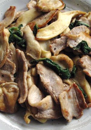 A picture of Sautéed Pork & Oyster Mushrooms with Sage.