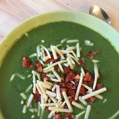 A picture of Broccoli and Pea Soup with Chorizo and Cheddar Cheese.