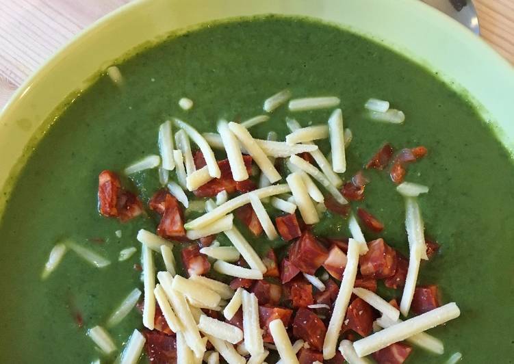 Everyday of Broccoli and Pea Soup with Chorizo and Cheddar Cheese