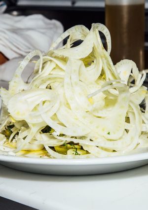 A picture of Shaved Fennel Salad with Green Olives and Provolone.