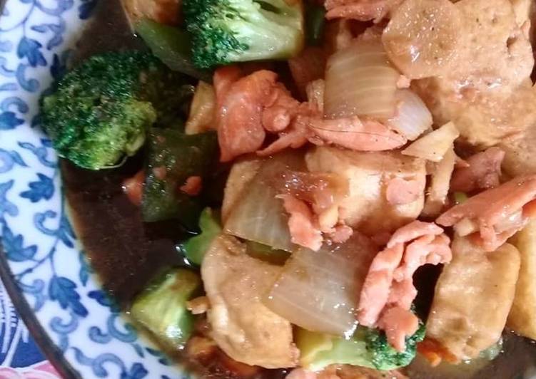 Tumis BroSalHu (tumis brokoli salmon tahu) bumbu teriyaki