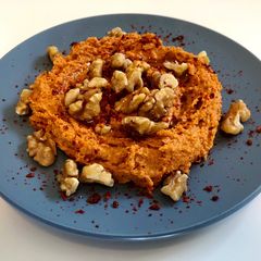 Mouhammara (محمّرة) - Red pepper with walnut dip A picture of Mouhammara (محمّرة) - Red pepper with walnut dip.