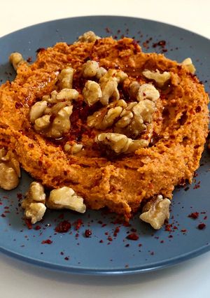 A picture of Mouhammara (محمّرة) - Red pepper with walnut dip.
