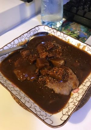 A picture of Pork patty with curry sauce.