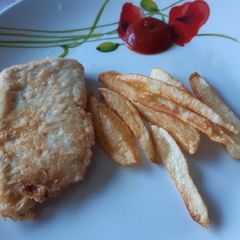 Almu's fish and chips. Battered hake and chips A picture of Almu's fish and chips. Battered hake and chips.