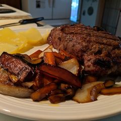 A picture of Steak and maple glazed veggies.