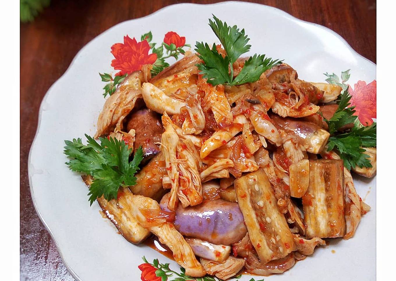 Terong Ayam Suwir Masak Pedas
