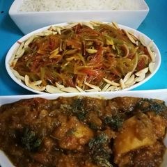 Eggplant salan white rice trakay wali vermicelli A picture of Eggplant salan white rice trakay wali vermicelli.