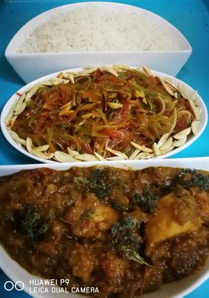 A picture of Eggplant salan white rice trakay wali vermicelli.
