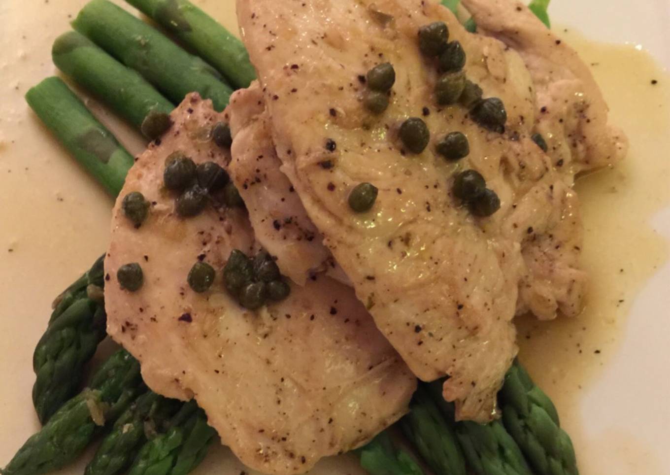 Chicken Scallops with Feathers, Capers and Asparagus