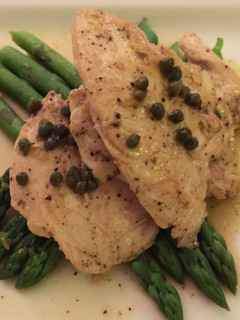 A picture of Chicken Scallopine with Verjuice, Capers and Asparagus.
