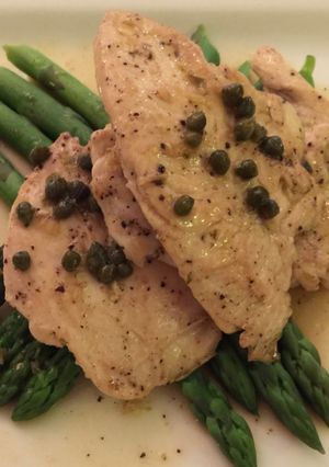A picture of Chicken Scallopine with Verjuice, Capers and Asparagus.