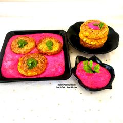 A picture of Rice Lentil Patties With Beetroot Yogurt Dip - Dal Chawal Tikkis With Beetroot Pink Raita.