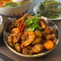 A picture of Vietnamese Stir fried Shrimp & Pork Belly | Tôm Răm Thịt Ba Rọi.