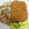 Jollof rice with fried egg and avacado