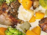 Chicken smothered in mushroom sauce with veggies