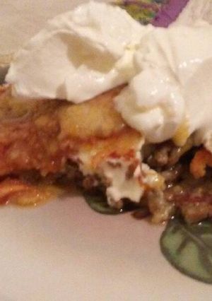 A picture of Mexican lasagna.
