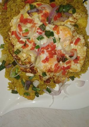 A picture of Stir Fried Rice with Minced Meat and Sunny Side up Egg.