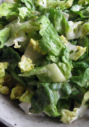 A picture of Lettuce Salad with Basil Sumiso Dressing.