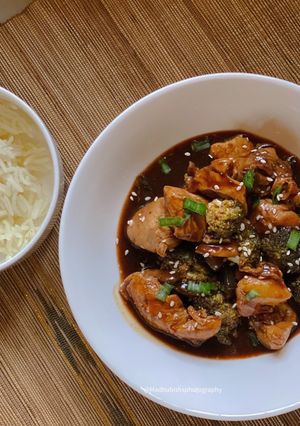 A picture of Teriyaki Chicken with Broccoli & Mushrooms.