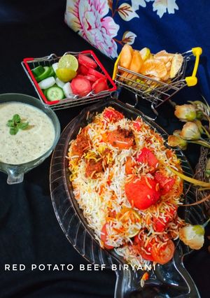 A picture of Red potato beef biryani.