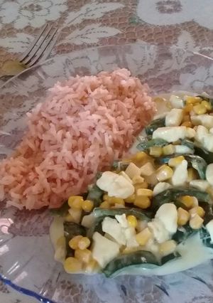 A picture of Rajas con Crema (Poblano Strips with Cream, Corn, and Cheese).