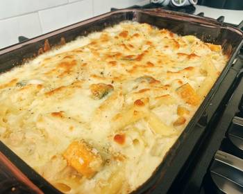 How To Making Recipe Cheesy white sauce gratin with chicken and kabocha Delicious Nutritious