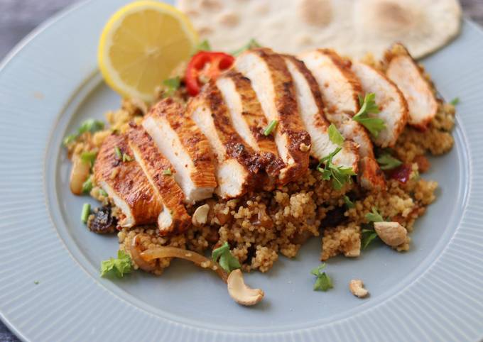 Simple Way to Make Super Quick Homemade Harissa chicken with couscous and flatbread