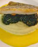 Barramundi with sweet parsnips, arrow leaf spinach and saffron vanilla sauce