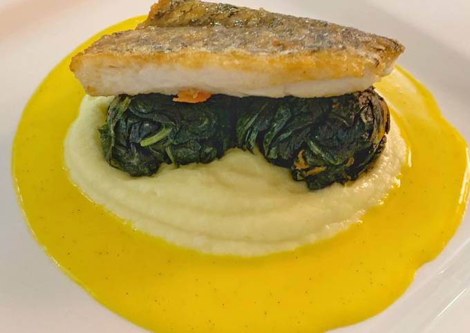 Barramundi with sweet parsnips, arrow leaf spinach and saffron vanilla sauce