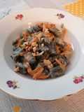 Squid Ink Flour Gnocchi with Asiago Cream and Pumpkin