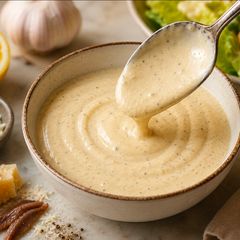 A picture of Caesar Salad Dressing with hard-boiled eggs.