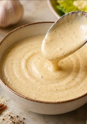 A picture of Caesar Salad Dressing with hard-boiled eggs.