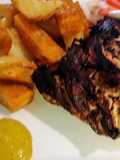 Pollito acompañado por unas papas y camotes perfectas a lo Carmelita