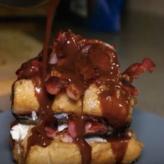 A picture of Strawberry, Bacon, French Toast, Nutella Sauce.