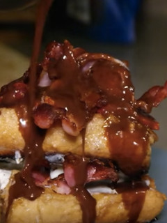 A picture of Strawberry, Bacon, French Toast, Nutella Sauce.