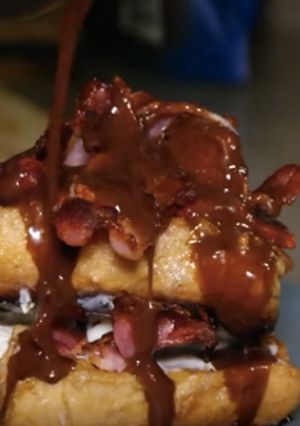 A picture of Strawberry, Bacon, French Toast, Nutella Sauce.