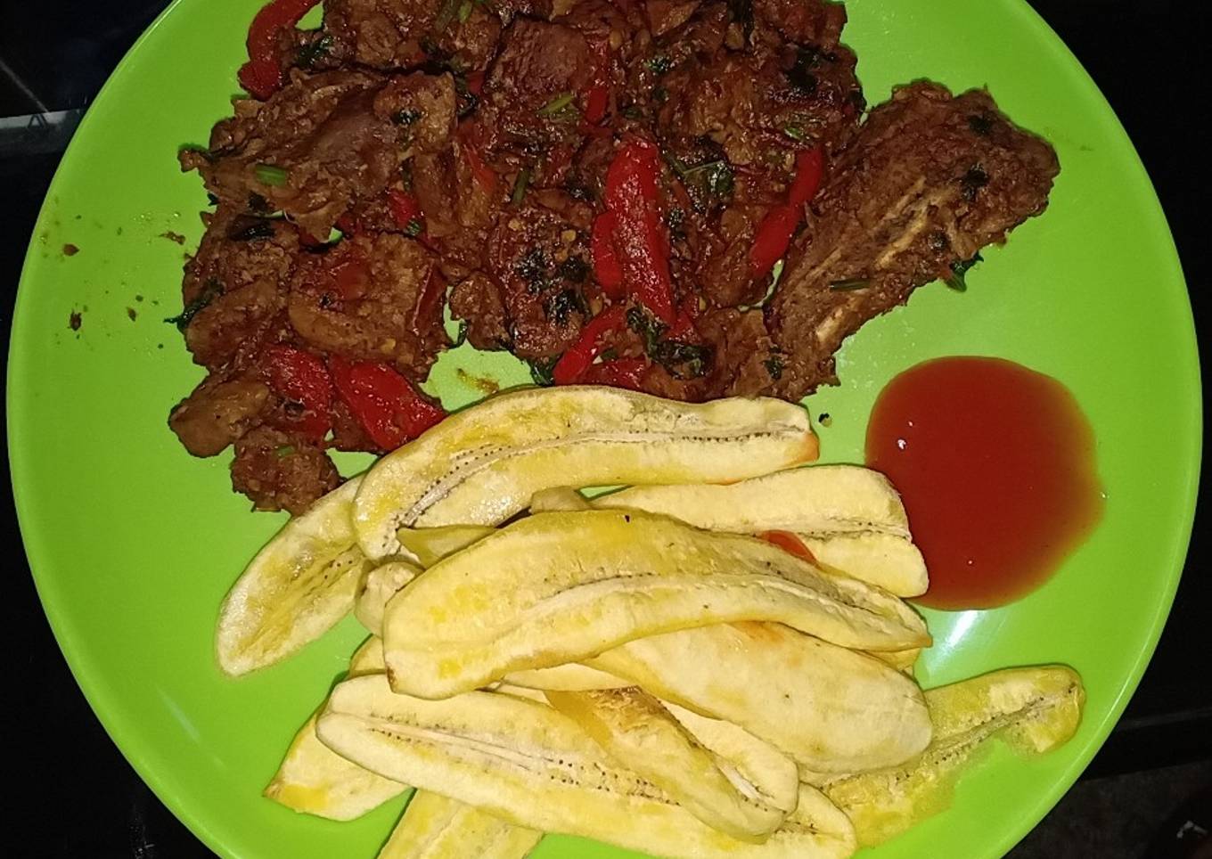 Wet fry pork and banana fries