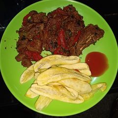Wet fry pork and banana fries A picture of Wet fry pork and banana fries.